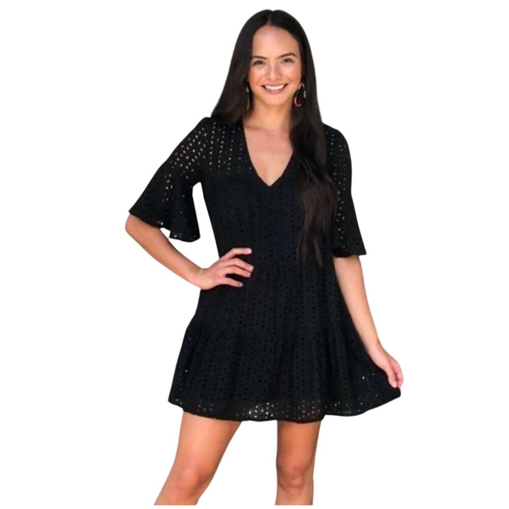 Mustard Seed Black Eyelet Swing Dress Flutter Sleeve Medium